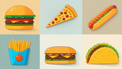 A set of flat colored fast food illustrations on a plain background. 