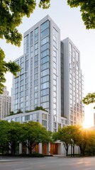 Modern White Skyscraper With Reflective Windows Amidst Green Trees And Warm Sunlight At Golden Hour In A Bustling City