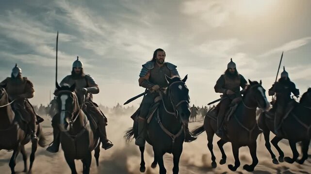 Army of men in ancient attire ride horses across a sandy desert under a sunny sky in epic battle scene, footage.