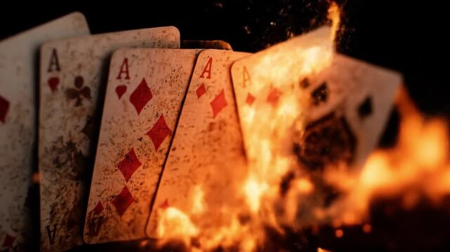 Row of burning ace cards with diamonds, flames licking the edges against a dark, smoky backdrop dim