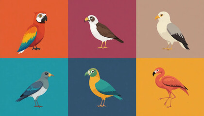 A set of various flat colored birds on a plain background. 
