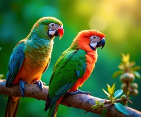 Fototapeta premium Three parrots are perched on a wooden branch