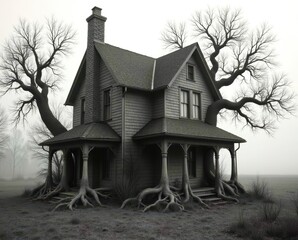 A house with a tree growing out of it