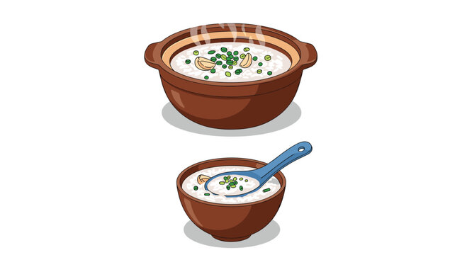 Illustration of hot rice porridge in a clay pot and a bowl with a spoon, garnished with scallions.