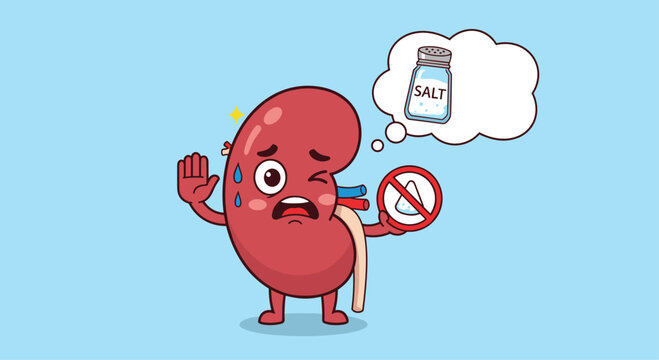Kidney character expressing concern about salt intake and promoting healthy choices.