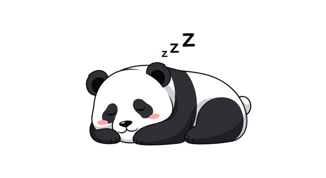 Cute cartoon panda sleeping soundly on white background, with 'zzz' above its head, representing rest and relaxation, perfect for various design projects.