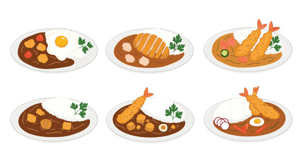 Delicious Japanese curry rice dishes with various toppings such as fried egg, tonkatsu, and shrimp tempura on white plates.