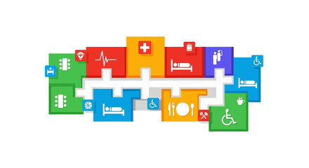 Hospital layout with medical icons and accessibility symbols