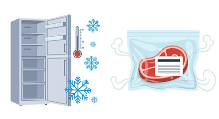A refrigerator is near zero degrees with snowflakes and a thermometer and a steak in plastic wrap emitting steam and wearing a label.