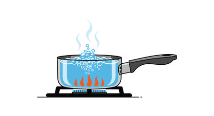 A pot of blue water boils on a gas stove with visible flames and steam rising.
