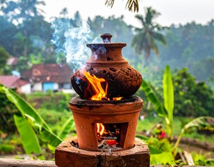 A Filipino Kalan de uling, a barrio earthenware stove made of clay, used for cooking with charcoal or wood, featuring a front hole and flat top for palayok or kaserola.