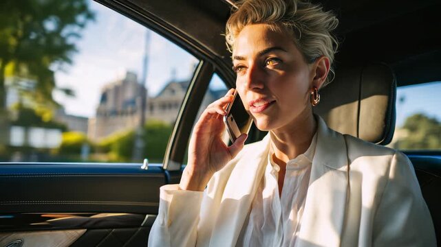 Executive takes a business call in a chauffeured car at golden hour, blending luxury mobility, productivity on the go, and confident leadership style.