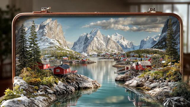 Cinematic suitcase diorama with mountains and lakes evokes nostalgic journeys, charming tourism promos, and creative travel branding with handcrafted detail.