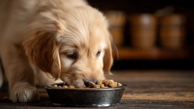 Golden retriever puppy hungrily eats from a metal bowl on a wooden floor, warm lighting. Cozy glow!!