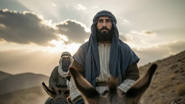Two men riding donkeys on a dusty desert road with a dramatic sky and sun rays, biblical scene footage