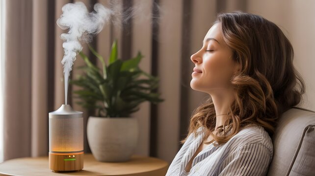Serene woman enjoying aromatherapy diffuser for relaxation and wellness in cozy room, perfect for spa, health, and mindful living promotions