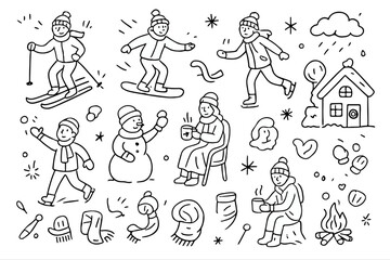 Hand-drawn Doodle Style Vector Set of Winter Activities, Black Outline Sketch Illustrations, Isolated on White Background
