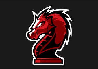 Red Dragon Knight Chess Head Logo Design in Esport Style with Modern Vector Illustration and Dark Background