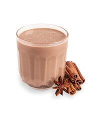 Spiced hot chocolate drink or sweet homemade cocoa served in transparent glass mug or cup with cinnamon sticks and star anise spices isolated on white background as dessert for cozy winter breakfast