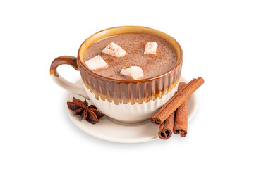 Cozy hot chocolate drink or sweet homemade cocoa decorated with marshmallows served in ceramic cup on plate with cinnamon and star anise spices isolated on white background for comfortable breakfast