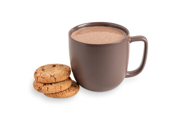 Hot chocolate drink or homemade cocoa served in dark brown ceramic mug with stacked sweet cookies isolated on white background as cozy breakfast dessert for autumn or winter warm holidays celebration