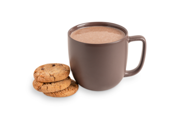 Hot chocolate drink or homemade cocoa served in dark brown ceramic mug with stacked sweet cookies isolated on white background as cozy breakfast dessert for autumn or winter warm holidays celebration