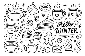 Hand-drawn Doodle Style Vector Set of Christmas Winter Food Elements with Soups, Pies, and Cookies, Black Outline Sketch Illustrations, Isolated on White Background
