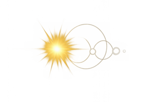 Golden glowing lens flare effect creating radiant light and starburst on transparent background - Powered by Adobe