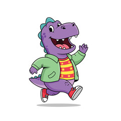 A cheerful purple cartoon dinosaur character running happily while wearing a green jacket and red sneakers.