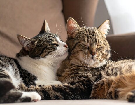 Two tabby cats cuddle affectionately on a brown couch, basking in sunlight