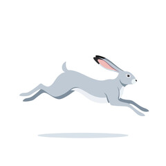 A stylized gray hare with long blacktipped ears in a dynamic midair leaping pose.