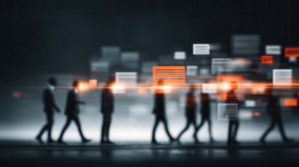 Surreal scene depicting collaboration between humans and AI forming a bridge of agreement, flowing documents, integration lights, audit shadows, and certificates of approval