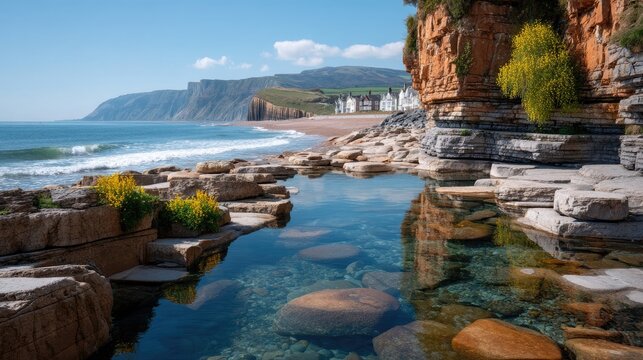 Rocky Beach With Natural Tidal Pool And Coastal Village Under Clear Blue Sky With Gentle Waves And Rocky Cliffs Covered In Yellow Wildflowers