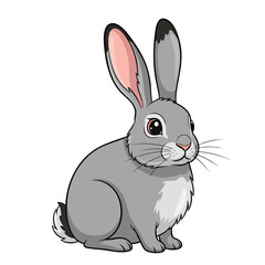 Adorable gray cartoon rabbit with long pink ears big shiny eyes and a fluffy white chest sitting attentively.