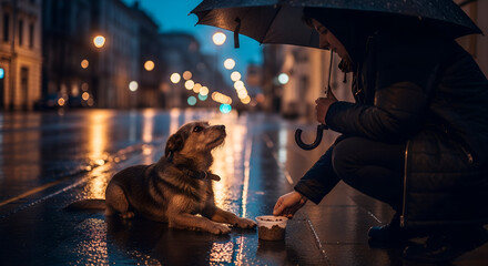 Man feeding dog while squatting under umbrella on rainy street