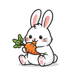 Adorable white cartoon bunny with pink ears sitting and happily eating an orange carrot.