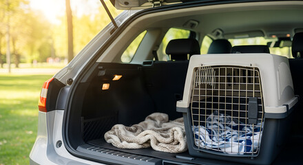 Pet carrier in the trunk of an SUV with soft blanket in park  