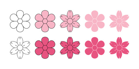 flower icon set with flat and outline styles. Simple floral blossom vector collection for spring, design, and decoration use.
