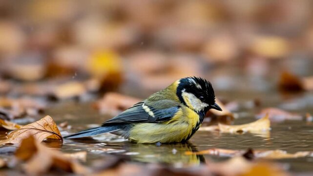 Great tit bird sitting in a puddle with autumn leaves