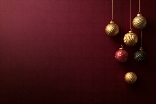 Christmas ornaments hanging on dark red background