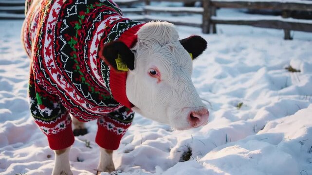 white cow i sweater in winter christmas