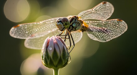 Dragonfly Perched on a Pink Flower Bud Macro
