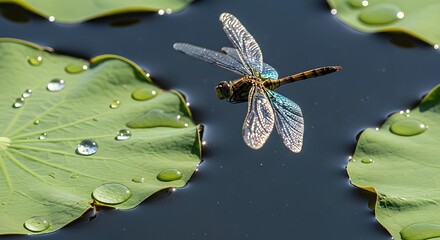 Dragonfly in Flight Over a Lotus Pond with Reflections
