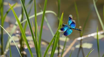 Colorful Dragonfly Amidst Green Reeds by the Water
