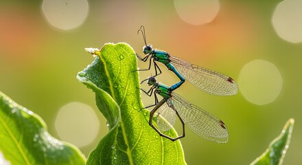 Two Dragonflies Interacting on a Green Leaf
