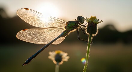 Backlit Dragonfly with Transparent Wings on a Stem
