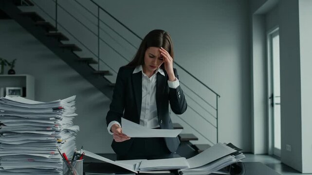 Woman in suit overwhelmed by stacks of paper at desk