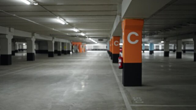 Blurred parking garage interior with concrete floor, orange column markers and distant pillars; background backplate copyspace template.