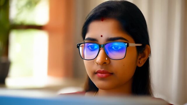 Young Woman Wearing Glasses Looking at Computer Screen
