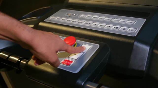 Close-up of a hand pressing buttons on a treadmill control panel. Man's finger adjusts settings, increasing speed or starting a workout in a fitness center.